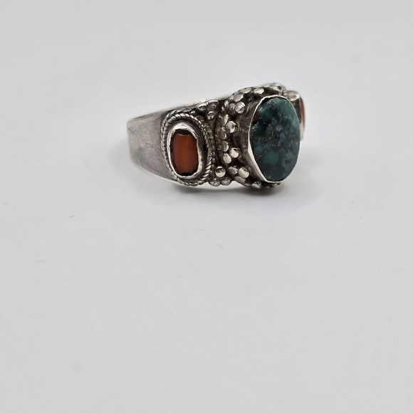 Navajo Chrysocolla & red jasper accent stone Silver Ring Size 9 - Picture 2 of 7